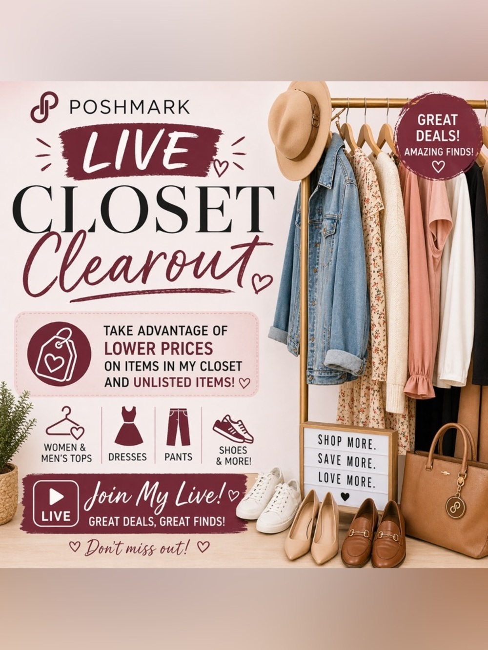 LOW STARTS!! At 1 PM Poshmark Live Closet Clearout!❤️‍🔥❤️‍🔥